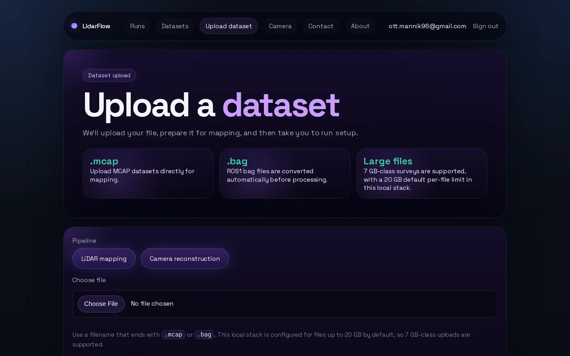 LidarFlow upload screen showing rosbag and MCAP drag and drop upload with transfer progress